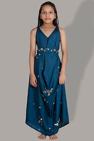 Blue Hand Embroidered Gown With Belt For Girls by Meghna Shah - Kids