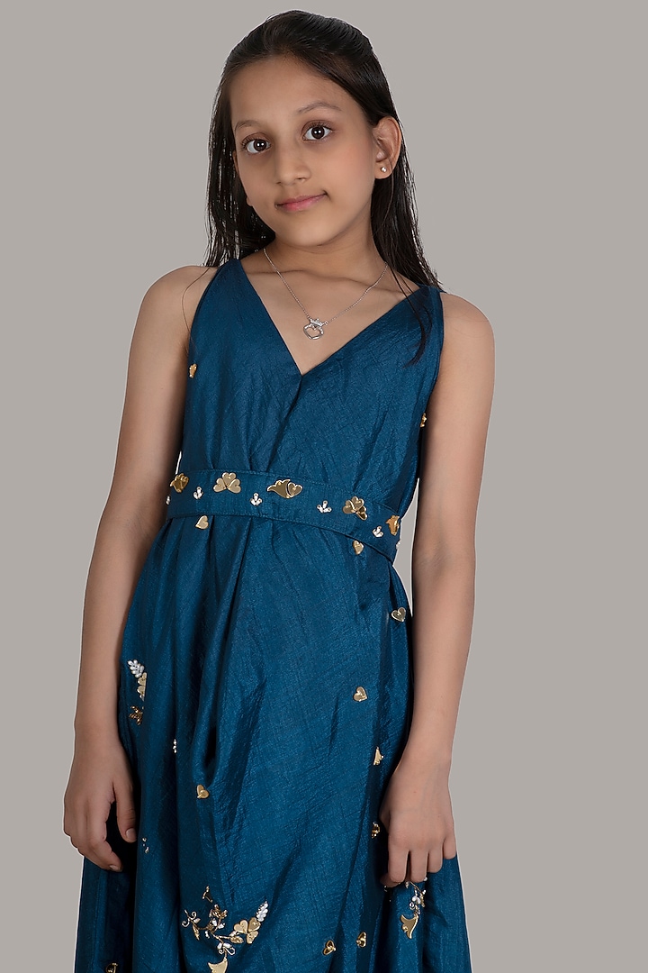 Blue Hand Embroidered Gown With Belt For Girls by Meghna Shah - Kids at Pernia's Pop Up Shop
