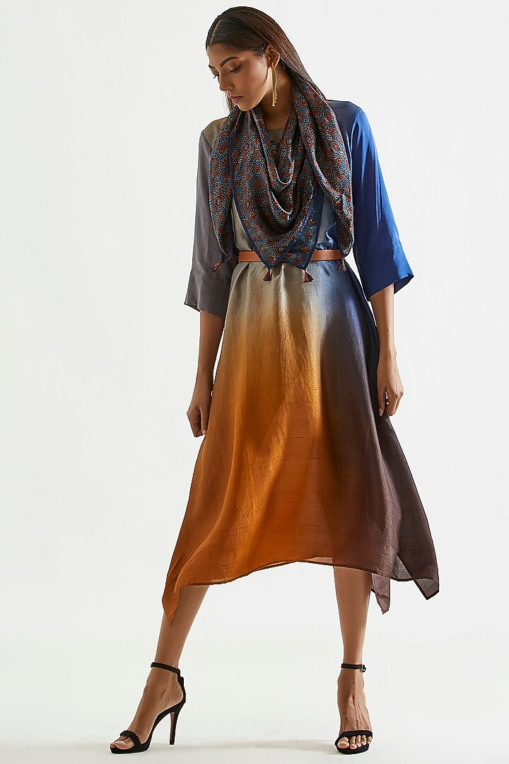Orange & Blue Ombre Asymmetric Kurta With Printed Stole by Meghna Panchmatia at Pernia's Pop Up Shop