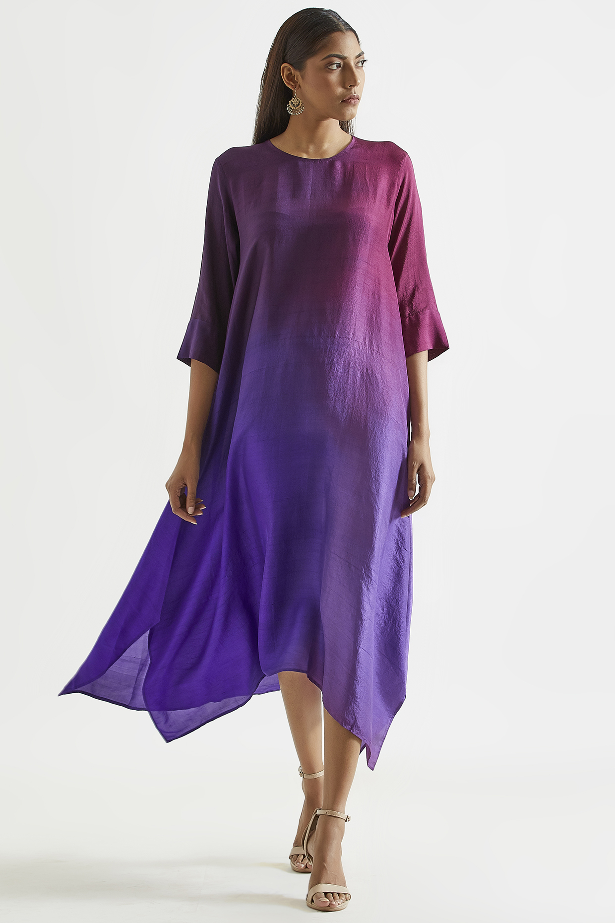 Purple & Violet Ombre Asymmetric Kurta Dress With Stole by Meghna Panchmatia at Pernia's Pop Up Shop