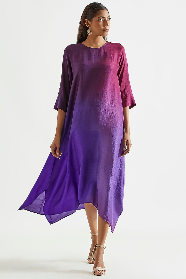 Purple & Violet Ombre Asymmetric Kurta Dress With Stole by Meghna Panchmatia