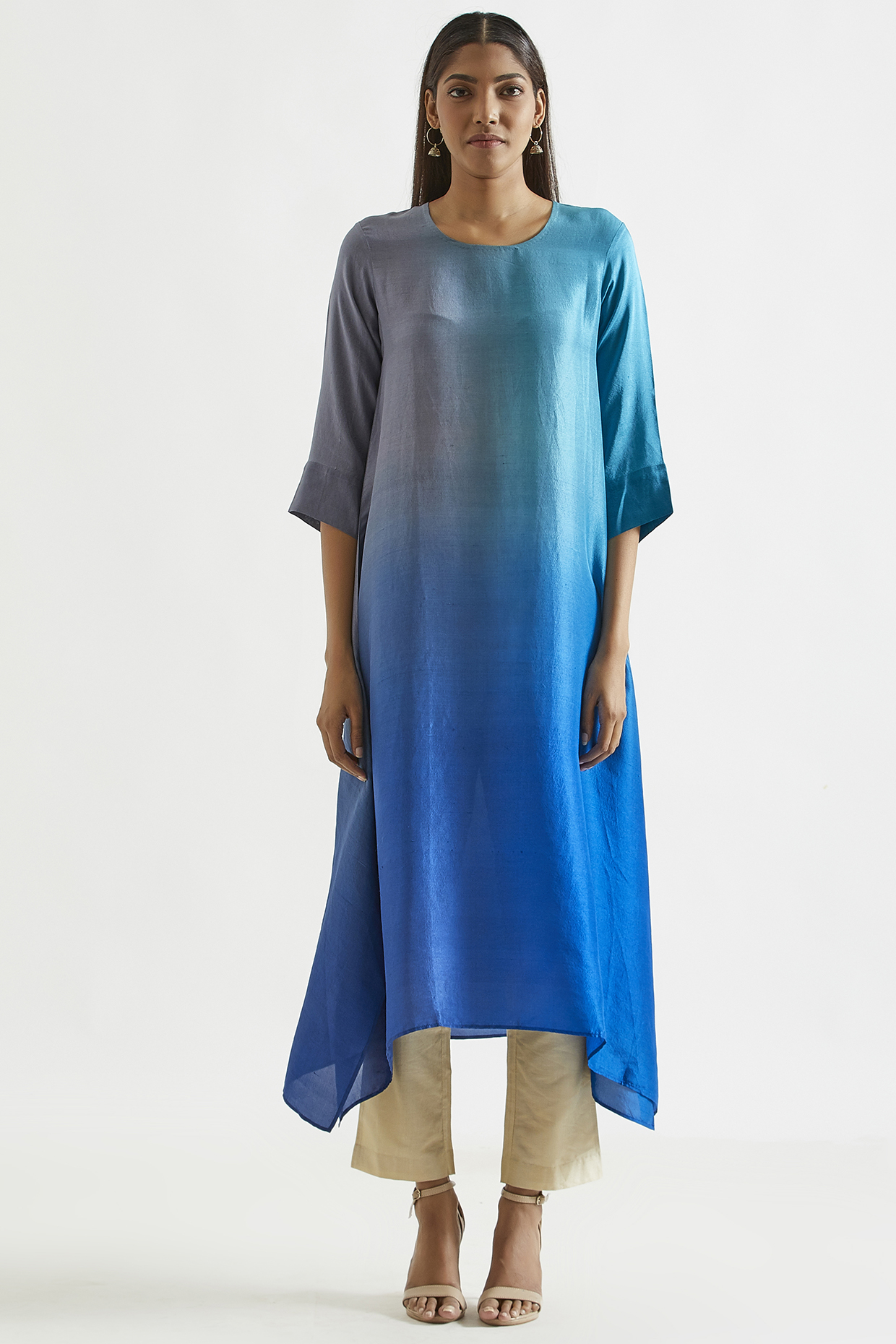 Sky Blue & Grey Ombre Asymmetric Kurta Dress With Stole by Meghna Panchmatia at Pernia's Pop Up Shop