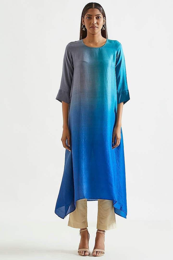 Sky Blue & Grey Ombre Asymmetric Kurta Dress With Stole by Meghna Panchmatia