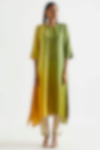 Green & Yellow Ombre Asymmetric Kurta Dress With Stole by Meghna Panchmatia at Pernia's Pop Up Shop