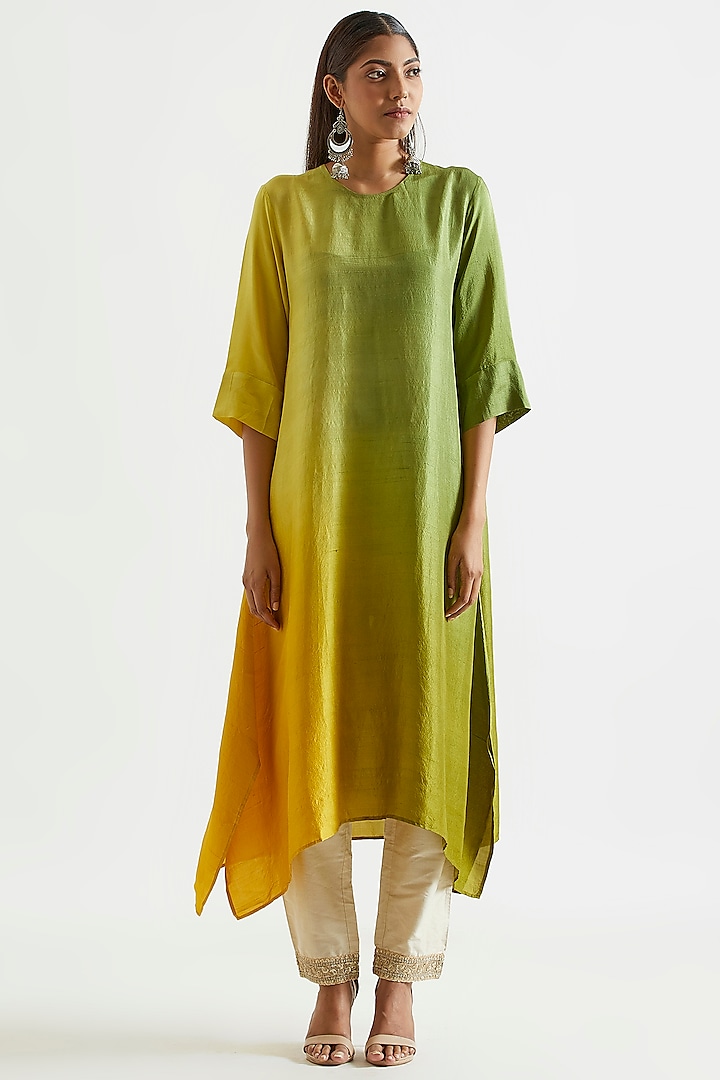 Green & Yellow Ombre Asymmetric Kurta Dress With Stole by Meghna Panchmatia