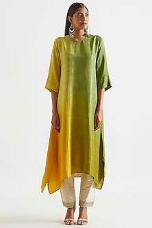 Green & Yellow Ombre Asymmetric Kurta Dress With Stole Design by Meghna ...