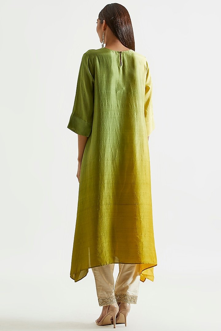 Green & Yellow Ombre Asymmetric Kurta Dress With Stole by Meghna Panchmatia at Pernia's Pop Up Shop