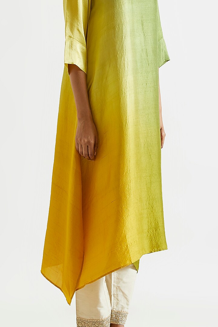 Green & Yellow Ombre Asymmetric Kurta Dress With Stole by Meghna Panchmatia at Pernia's Pop Up Shop