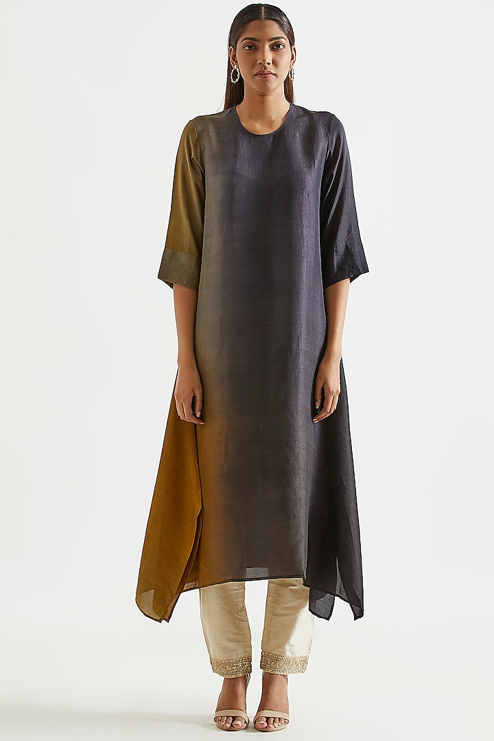 Grey & Copper Ombre Asymmetric Kurta With Printed Stole by Meghna Panchmatia