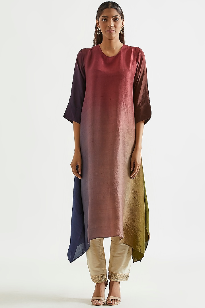 Multi Colored Ombre Asymmetric Kurta With Stole by Meghna Panchmatia