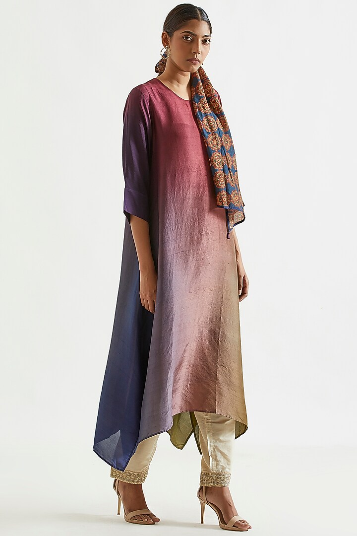 Multi Colored Ombre Asymmetric Kurta With Stole by Meghna Panchmatia at Pernia's Pop Up Shop