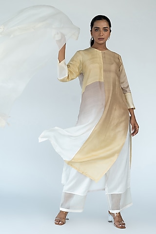 Ivory Ombre Pure Crepe Color Blocked Kurta Set by Meghna Panchmatia
