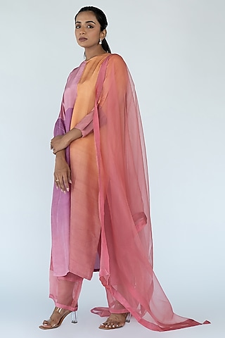 Peach & Mauve Ombre Pure Crepe Color Blocked Kurta Set by Meghna Panchmatia
