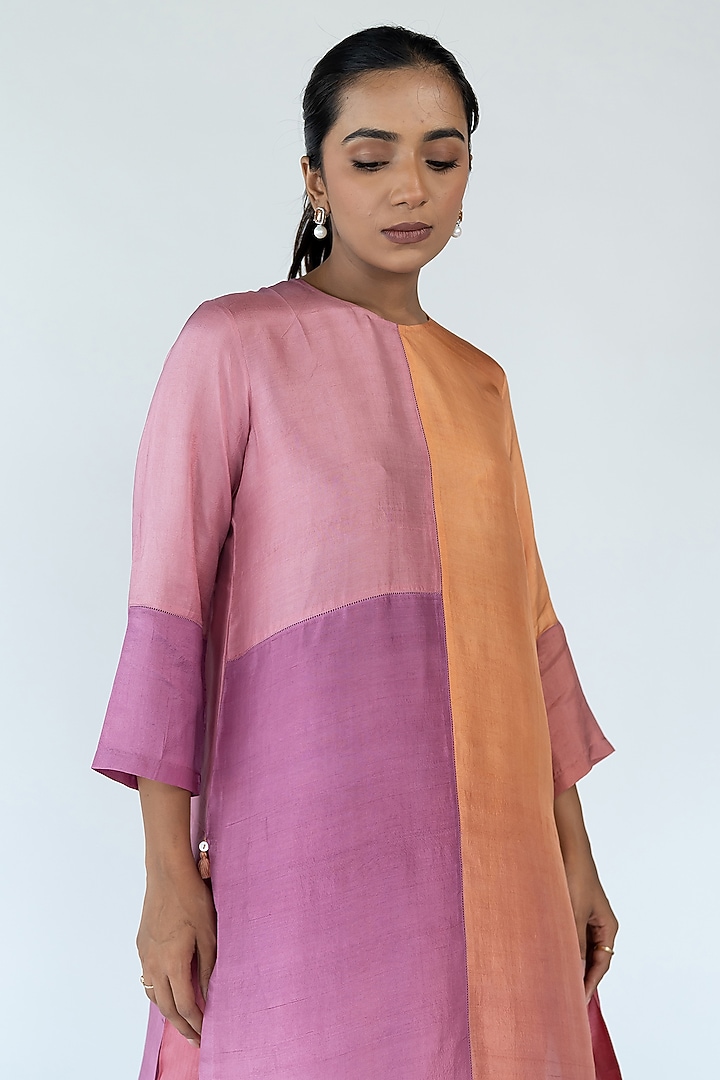 Peach & Mauve Ombre Pure Crepe Color Blocked Kurta Set by Meghna Panchmatia at Pernia's Pop Up Shop