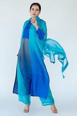 Firozi & Grey Ombre Pure Crepe Color Blocked Kurta Set by Meghna Panchmatia