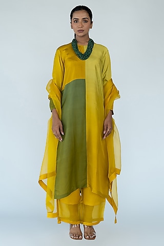 Sage & Mustard Ombre Pure Crepe Color Blocked Kurta Set by Meghna Panchmatia