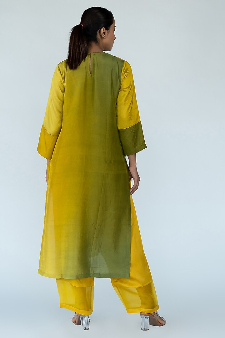 Sage & Mustard Ombre Pure Crepe Color Blocked Kurta Set by Meghna Panchmatia at Pernia's Pop Up Shop