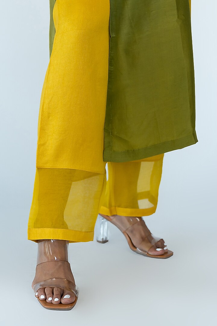 Sage & Mustard Ombre Pure Crepe Color Blocked Kurta Set by Meghna Panchmatia at Pernia's Pop Up Shop