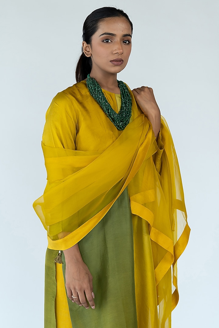 Sage & Mustard Ombre Pure Crepe Color Blocked Kurta Set by Meghna Panchmatia at Pernia's Pop Up Shop