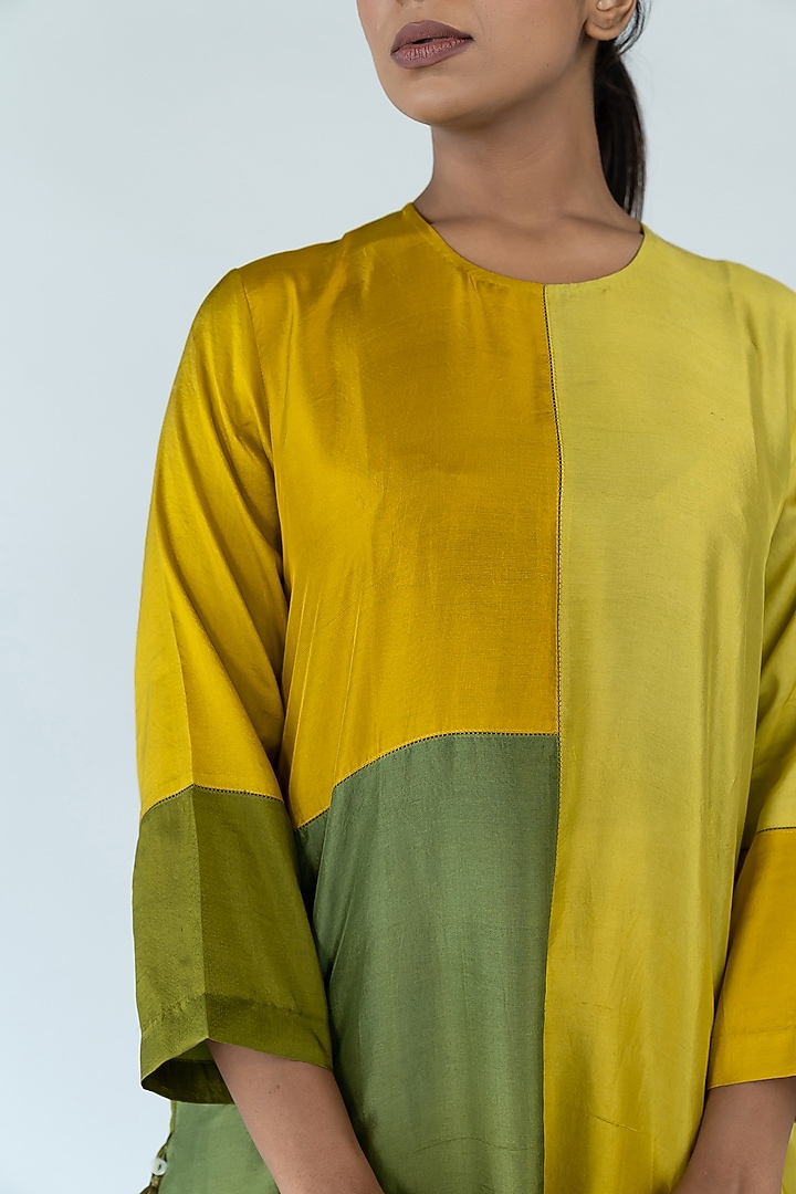 Sage & Mustard Ombre Pure Crepe Color Blocked Kurta Set by Meghna Panchmatia at Pernia's Pop Up Shop