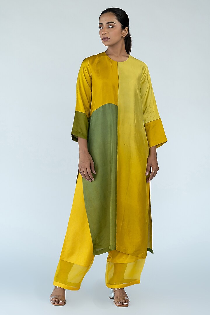 Sage & Mustard Ombre Pure Crepe Color Blocked Kurta Set by Meghna Panchmatia at Pernia's Pop Up Shop