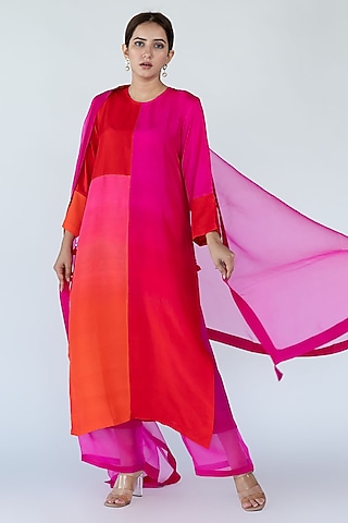 Fuchsia & Red Ombre Pure Crepe Color Blocked Kurta Set by Meghna Panchmatia