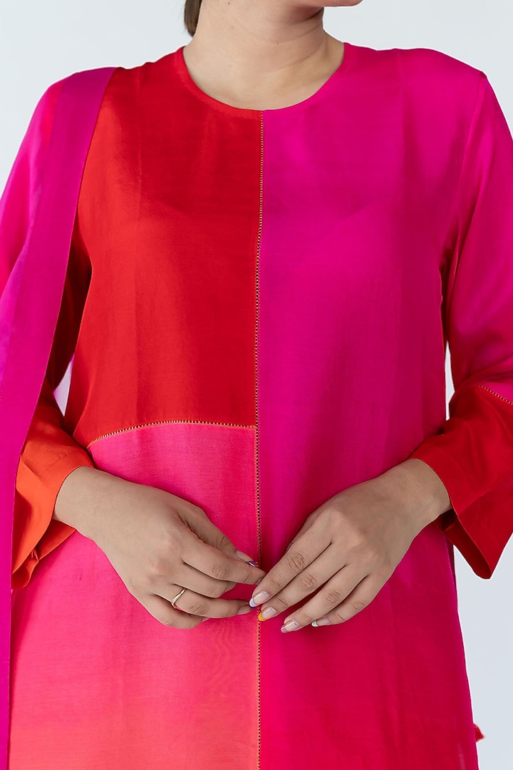 Fuchsia & Red Ombre Pure Crepe Color Blocked Kurta Set by Meghna Panchmatia at Pernia's Pop Up Shop