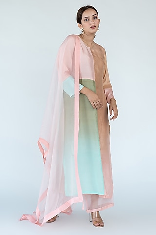 Multi-Colored Ombre Pure Crepe Color Blocked Kurta Set by Meghna Panchmatia