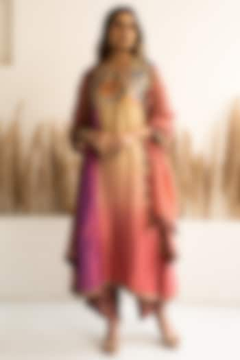 Peach & Beige Silk Ombre Kalidar Kurta Set by Meghna Panchmatia at Pernia's Pop Up Shop