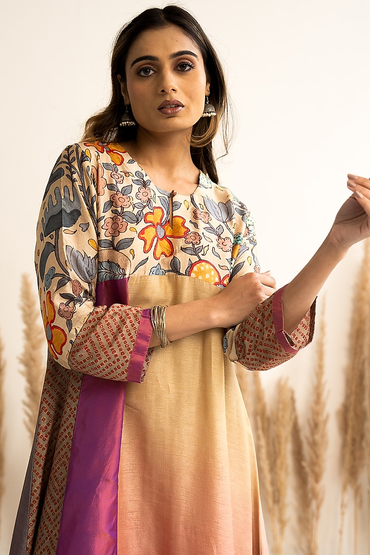 Peach & Beige Silk Ombre Kalidar Kurta Set by Meghna Panchmatia at Pernia's Pop Up Shop
