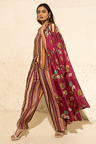Maroon Silk Floral Co-Ord Set by Meghna Panchmatia