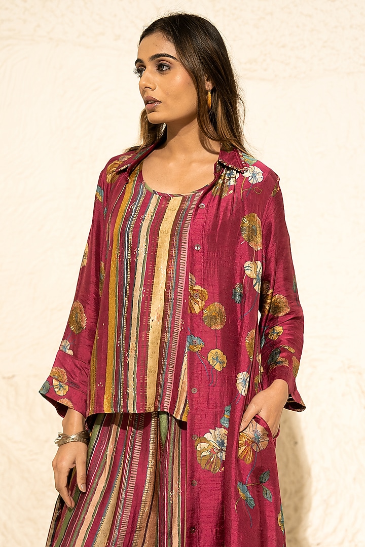 Maroon Silk Floral Co-Ord Set by Meghna Panchmatia at Pernia's Pop Up Shop