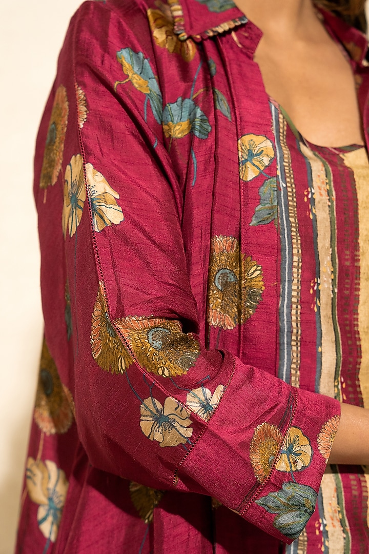 Maroon Silk Floral Co-Ord Set by Meghna Panchmatia at Pernia's Pop Up Shop