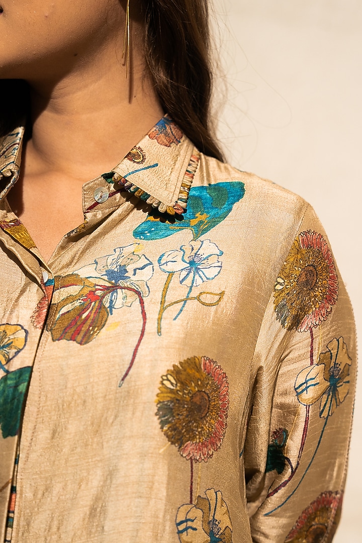 Beige Silk Floral Co-Ord Set by Meghna Panchmatia at Pernia's Pop Up Shop