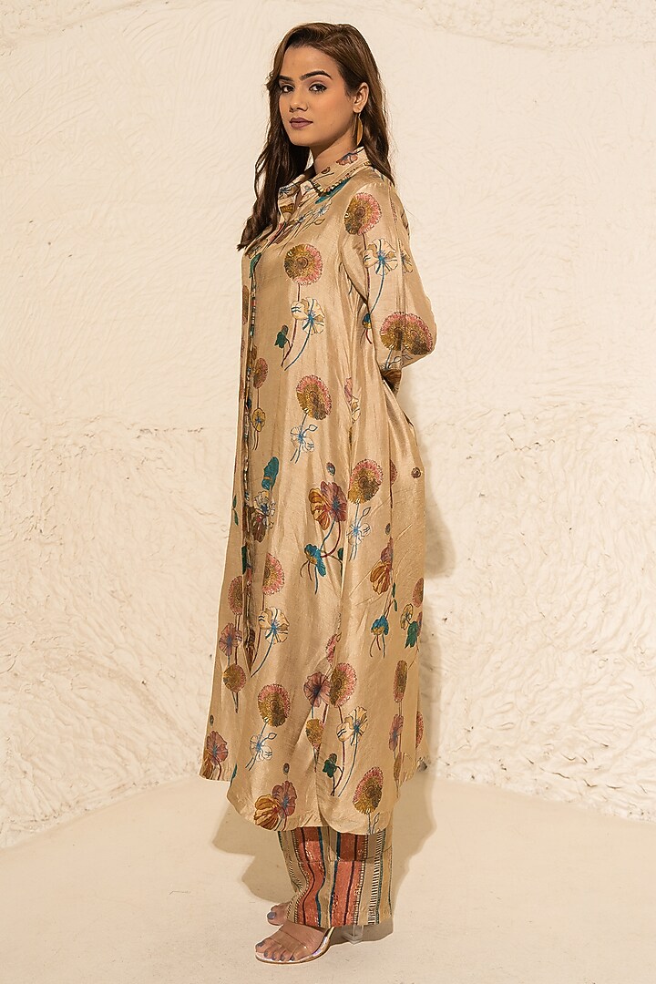 Beige Silk Floral Co-Ord Set by Meghna Panchmatia at Pernia's Pop Up Shop