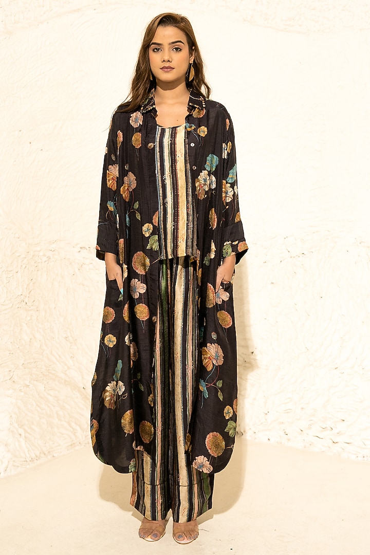 Brown Silk Floral Co-Ord Set by Meghna Panchmatia at Pernia's Pop Up Shop