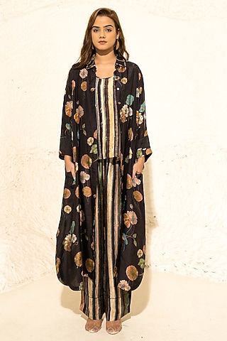Brown Silk Floral Co-Ord Set by Meghna Panchmatia