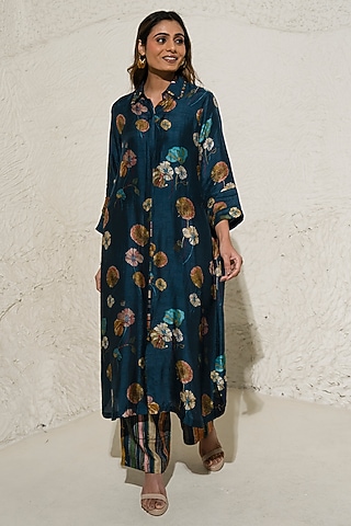 Navy Blue Silk Floral Co-Ord Set by Meghna Panchmatia