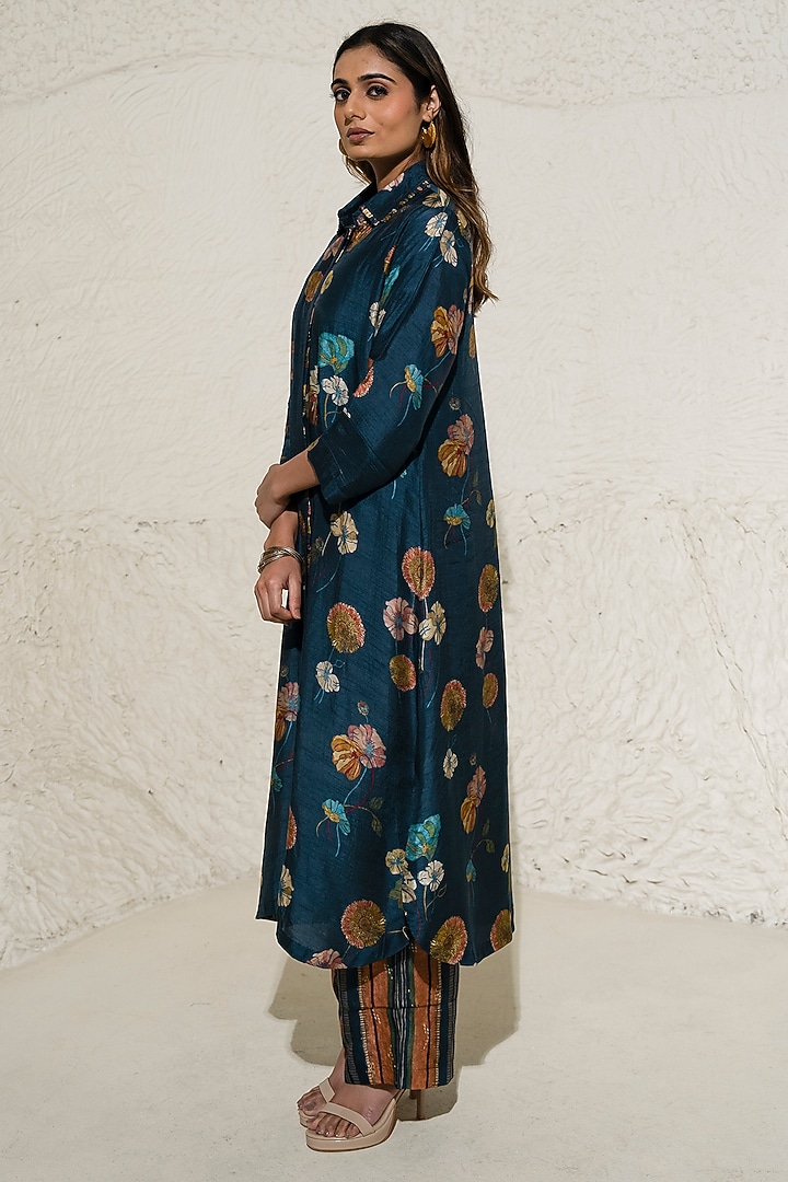 Navy Blue Silk Floral Co-Ord Set by Meghna Panchmatia at Pernia's Pop Up Shop