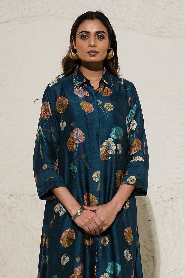 Navy Blue Silk Floral Co-Ord Set by Meghna Panchmatia at Pernia's Pop Up Shop