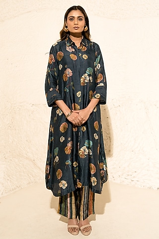 Black Silk Floral Co-Ord Set by Meghna Panchmatia