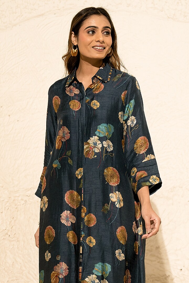 Black Silk Floral Co-Ord Set by Meghna Panchmatia at Pernia's Pop Up Shop