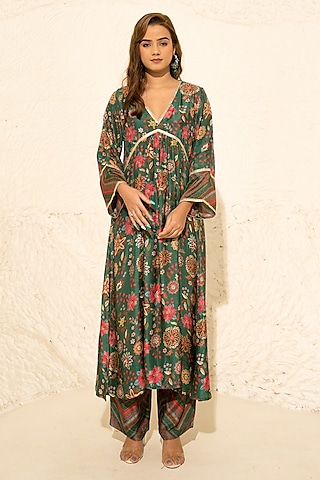 Green Silk Kalamkari Gathered Kurta Set by Meghna Panchmatia