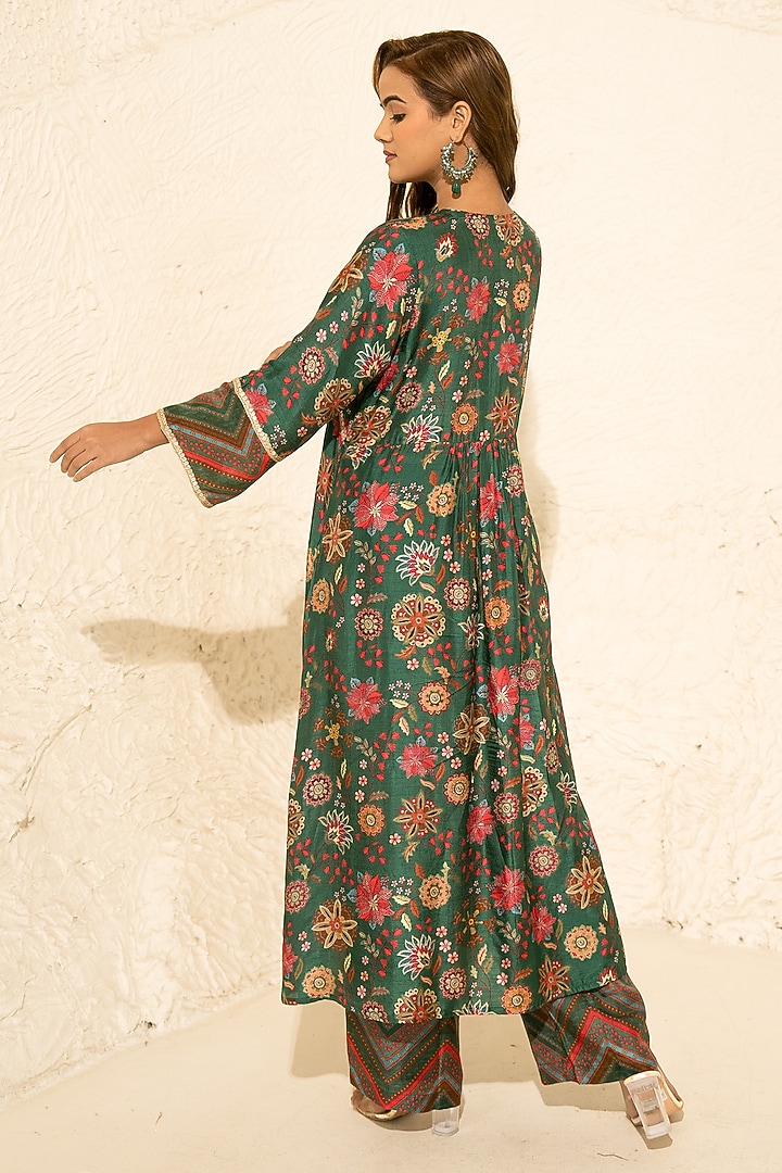 Green Silk Kalamkari Gathered Kurta Set by Meghna Panchmatia at Pernia's Pop Up Shop