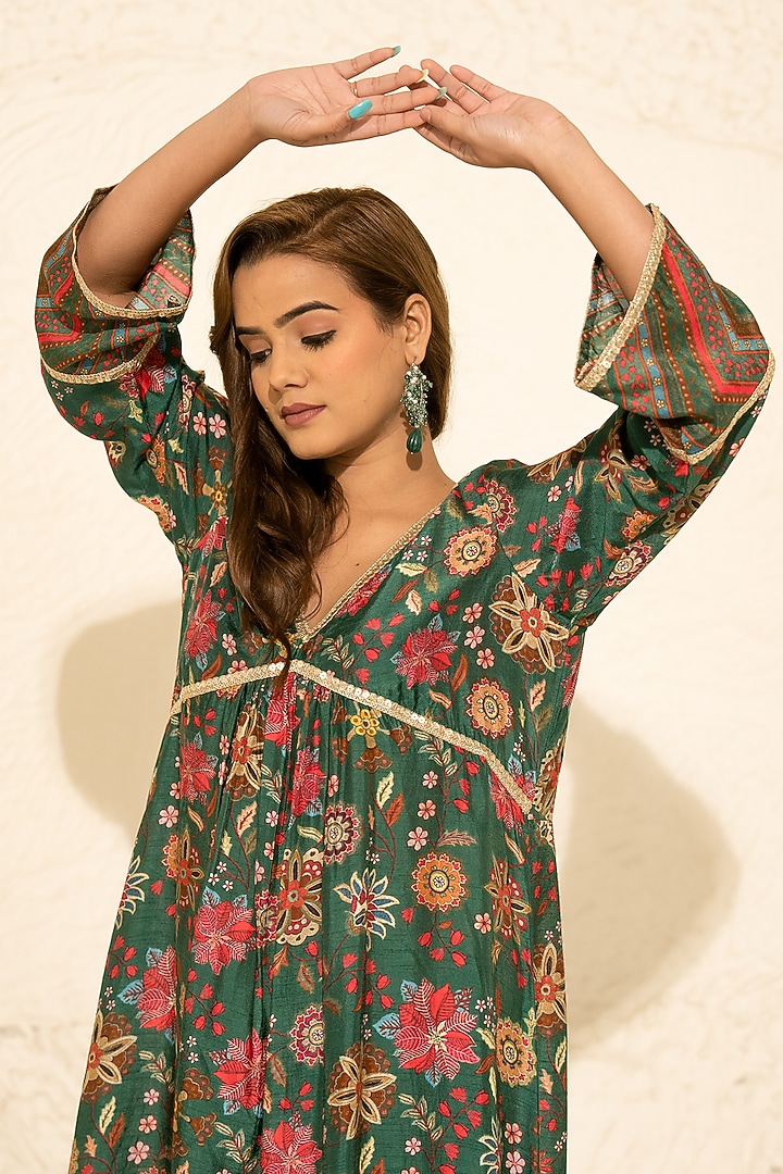 Green Silk Kalamkari Gathered Kurta Set by Meghna Panchmatia at Pernia's Pop Up Shop
