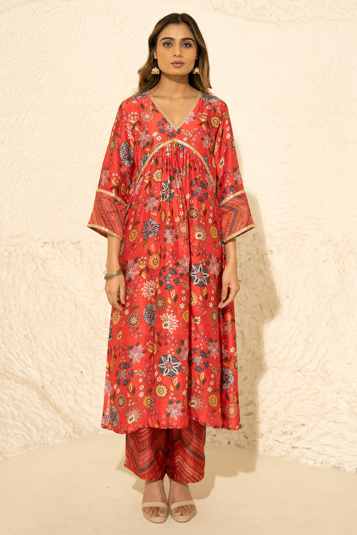 Red Silk Kalamkari Gathered Kurta Set by Meghna Panchmatia at Pernia's Pop Up Shop