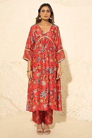 Red Silk Kalamkari Gathered Kurta Set by Meghna Panchmatia