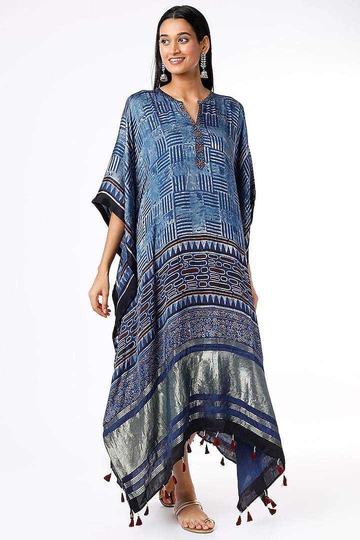 Indigo Modal Silk Block Printed Kaftan by Meghna Panchmatia at Pernia's Pop Up Shop