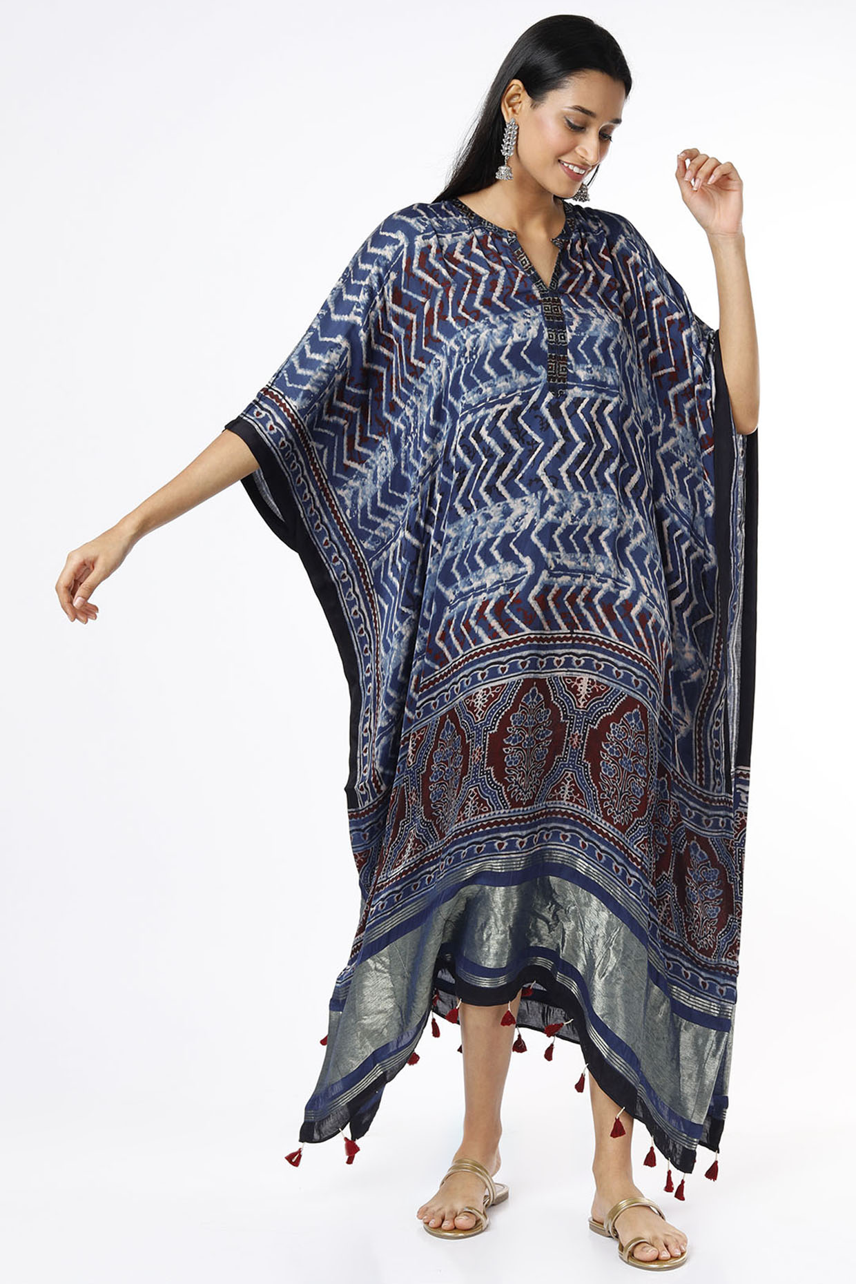 Indigo Silk Hand Block Printed Kaftan by Meghna Panchmatia at Pernia's Pop Up Shop