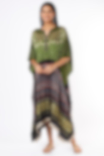 Mehndi Green To Blue Silk Printed Kaftan by Meghna Panchmatia at Pernia's Pop Up Shop